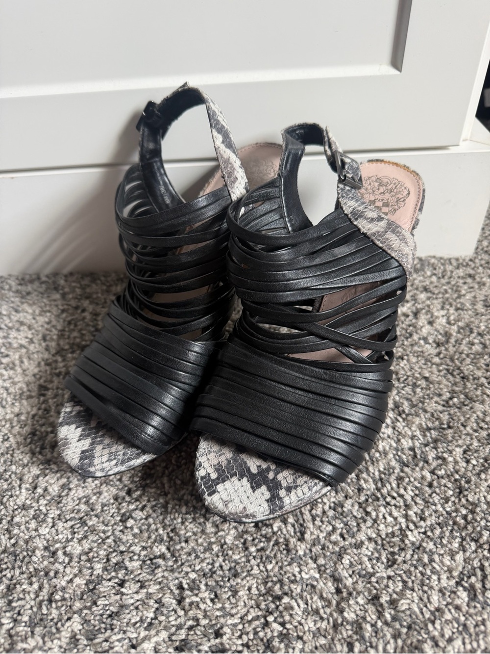 Vince Camuto Black Strappy Heels with Snakeskin Accent